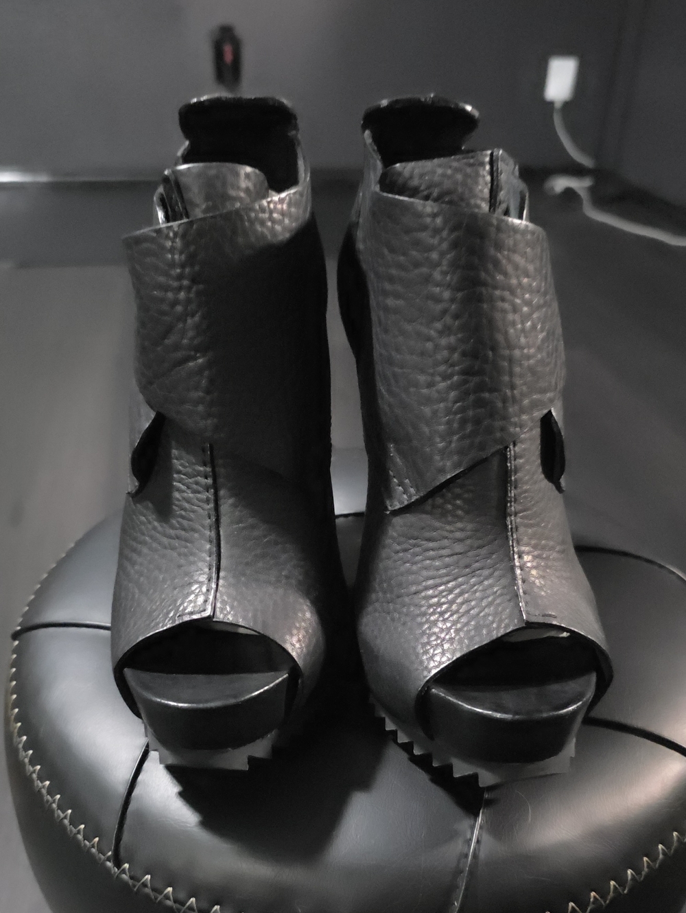Pedro Garcia Chenoa Black Pebbled Leather Peep Toe Platform Ankle Booties